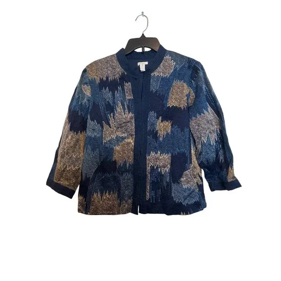 Chicos Open Front Jacket Women’s Size 2 Navy & Beige Textured Pattern Cotton Ble - Picture 1 of 8